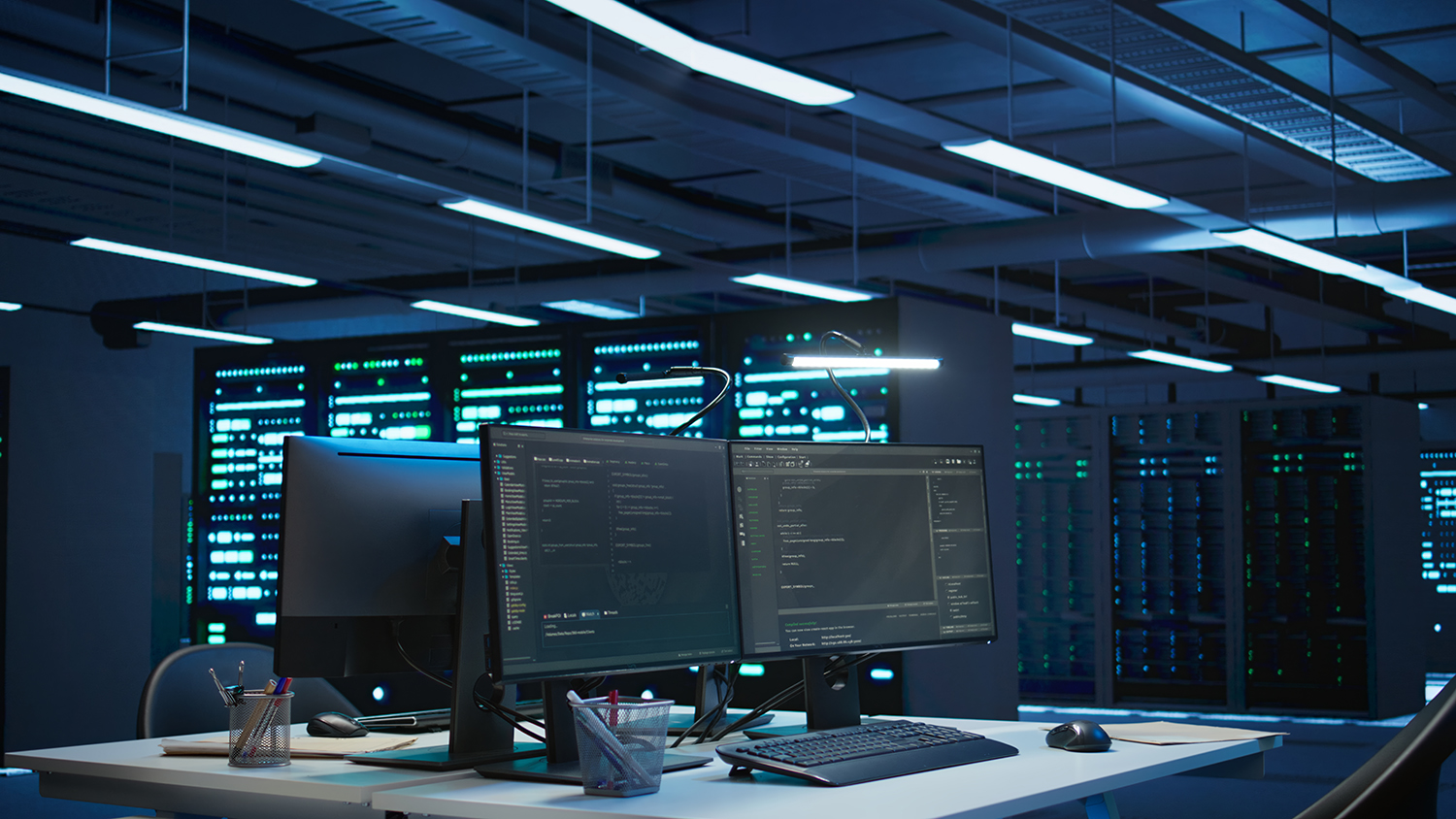 Server rows and computer used to ensure optimal performance and reliability, managing gear. High tech data center facility used for overseeing network connections, panning shot